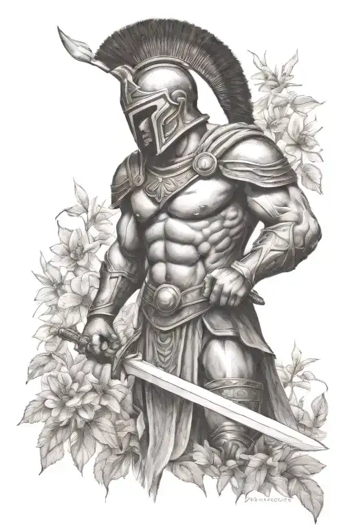 spartan warrior in a garden scene tattoo design idea