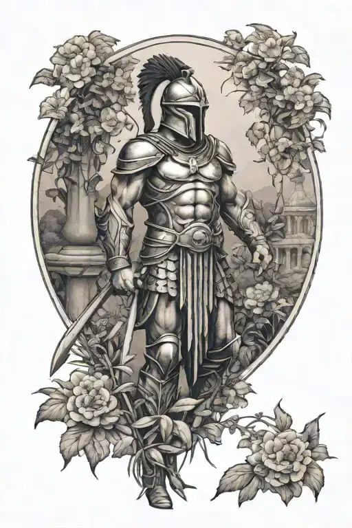 spartan warrior in a garden scene tattoo design idea
