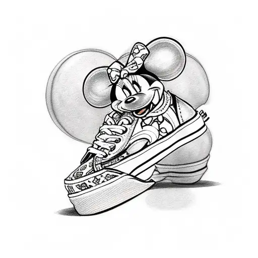 A mashup tattoo design featuring Minnie Mouse skateboarding in Vans sneakers tattoo design idea