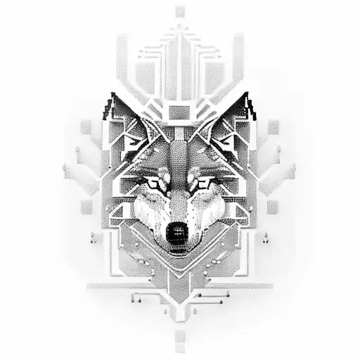 A pixelated wolf surrounded by a circuit board maze tattoo design idea