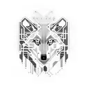 A pixelated wolf surrounded by a circuit board maze tattoo design idea