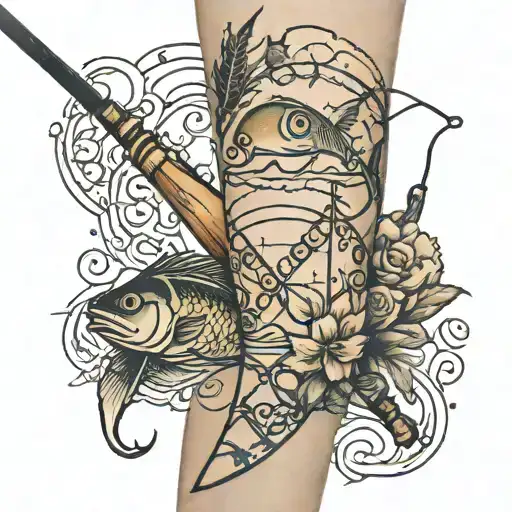 fishing pole on knee with signature incorporated tattoo design idea