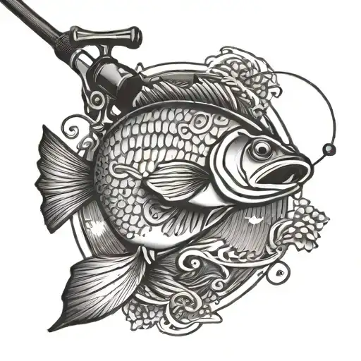 fishing pole with signature incorporated within tattoo design idea