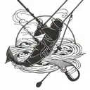 fishing pole with signature incorporated within tattoo design idea