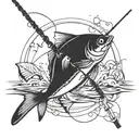 fishing pole with signature incorporated within tattoo design idea