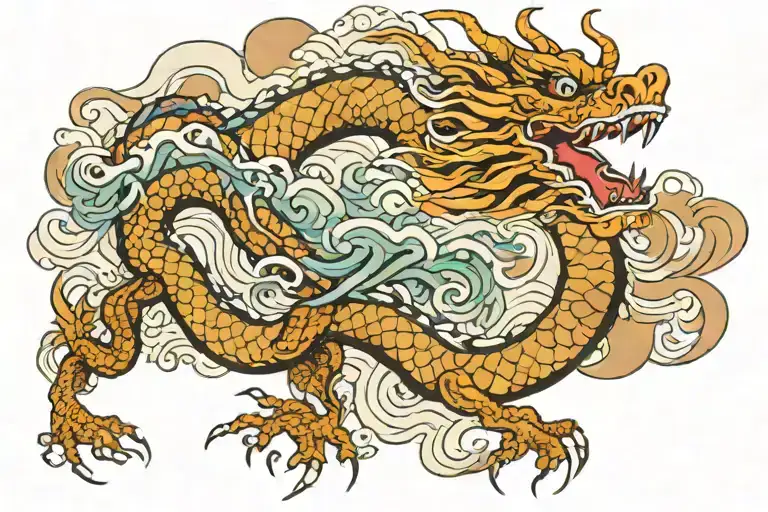 Japanese dragon and waves flowing tattoo design idea