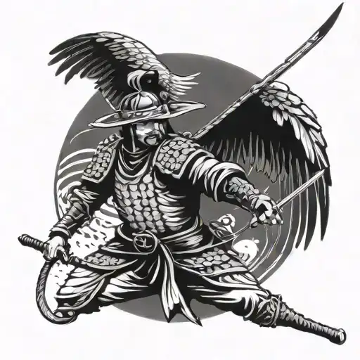 A samurai warrior holding a bow and arrow, with an eagle flying above them tattoo design idea