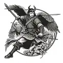 A samurai warrior holding a bow and arrow, with an eagle flying above them tattoo design idea