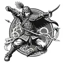 A samurai warrior holding a bow and arrow, with an eagle flying above them tattoo design idea