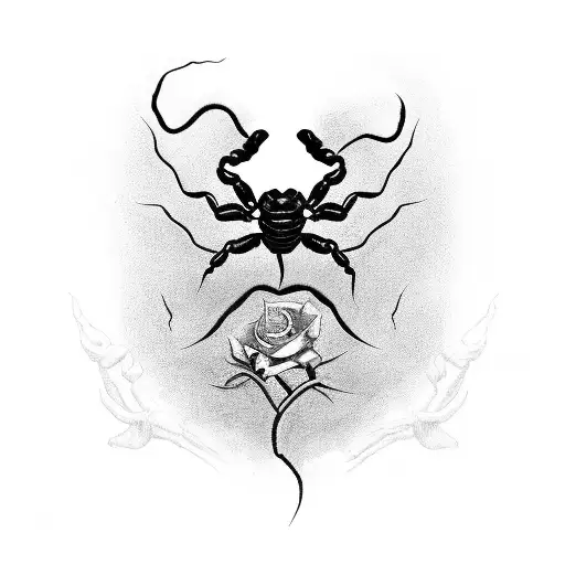 scorpion standing on skull with roses and thorns rapted around tattoo design idea