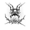scorpion standing on skull with roses and thorns rapted around tattoo design idea