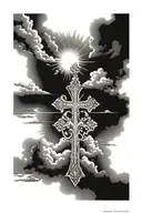 sun on top, background cross w psalms 34:4 verse over cross, "psalms 34:4" in the middle of the cross, shaded w clouds  tattoo design idea