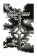 sun on top, background cross w psalms 34:4 verse over cross, "psalms 34:4" in the middle of the cross, shaded w clouds  tattoo design idea