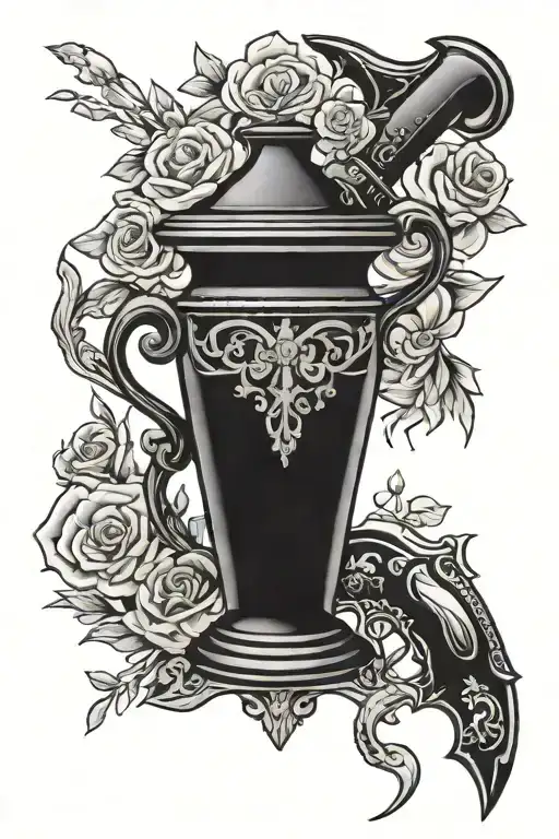 Black and white greek vase with smoking pistol in the center of it with the name Jeremy under the lip of vase tattoo design idea