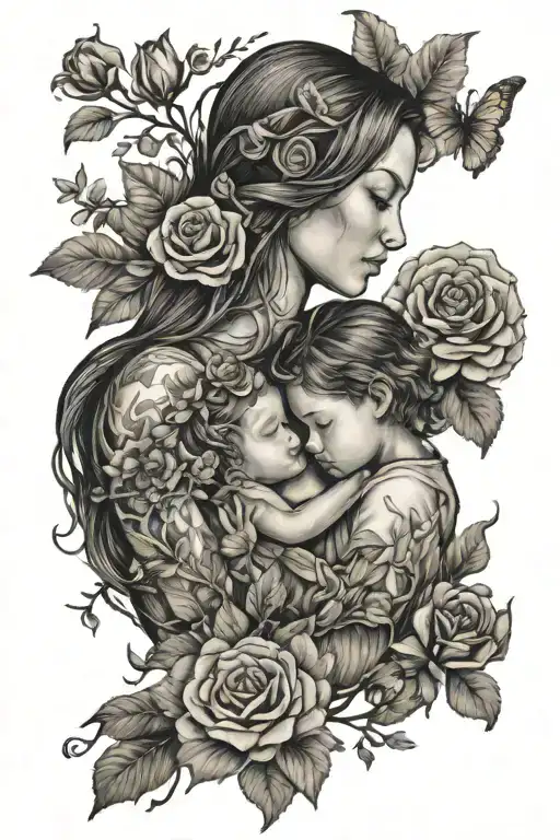 mother and flowers and forest and children tattoo design idea