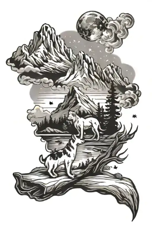 camping, ocean, mountains, stars, fire, dog  tattoo design idea