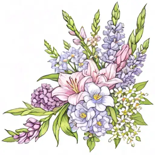 gladioli, lilac, peony, daisies tattoo design idea