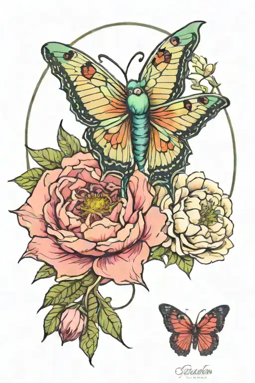 Luna moth surrounded by peonies, moon, evil eye and toadstool  tattoo design idea