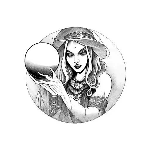 mystical witch holding a crystal ball tattoo design idea