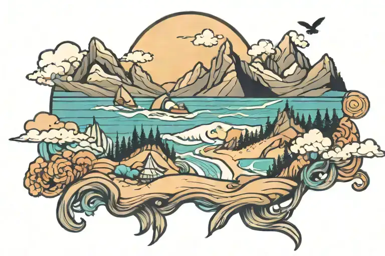 mountains leading to the beach and ocean tattoo design idea