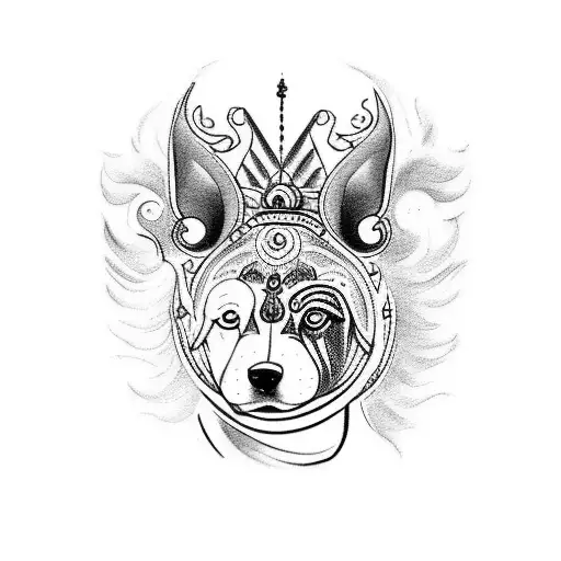 A tattoo design of a dog running through a mystical Italian forest, with Krishna and Shiva observing from the background tattoo design idea