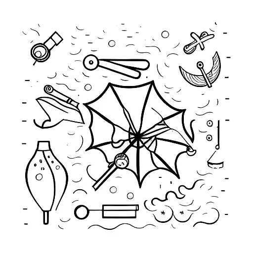 A minimalist tattoo of a beach umbrella and crafting tools tattoo design idea