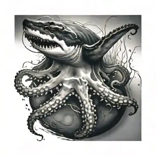 octopus and great white shark swimming tattoo design idea