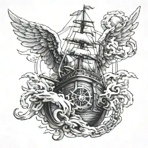 angel removing his wings in the ship sailing through stormy, with anchor, chain, and steering wheel tattoo design idea