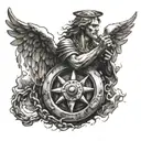 an angel with his wings in chain with anchor, and steering wheel in stormy weather tattoo design idea