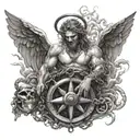 an angel with his wings in chain with anchor, and steering wheel in stormy weather tattoo design idea