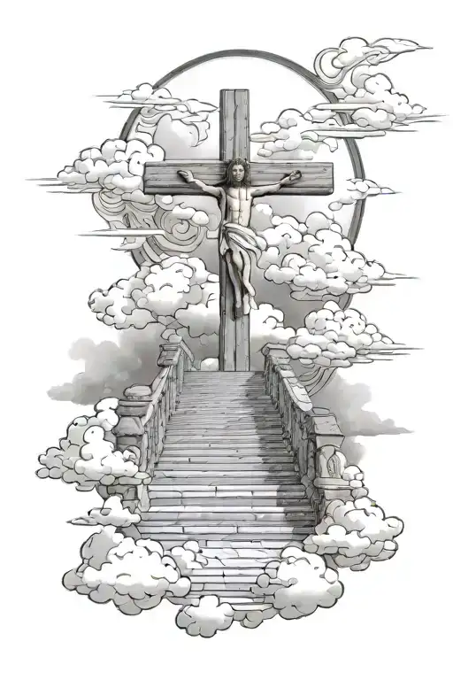 clouds, christ cross, steps to heaven gates someone walking tattoo design idea
