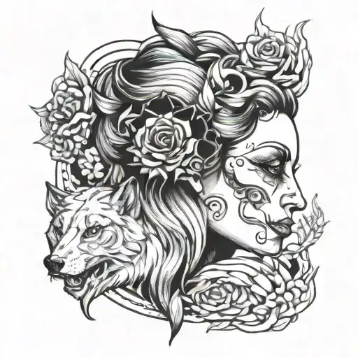 face of goddess Hel with half skull face and wolf tattoo design idea