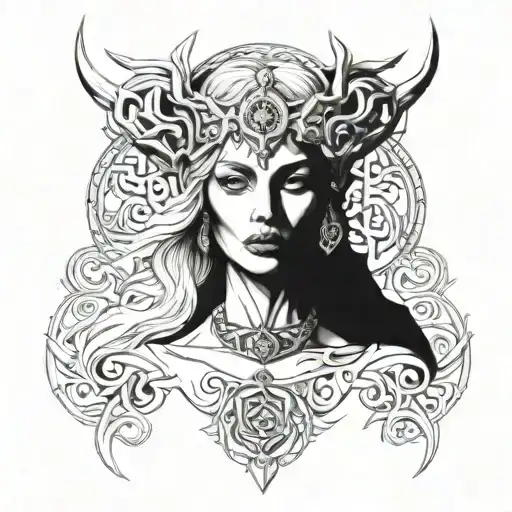 Front face of goddess Hel tattoo design idea