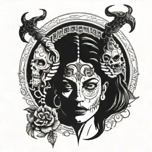 front of face of goddess Hel with half skull face tattoo design idea