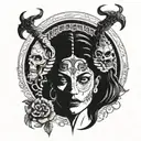 front of face of goddess Hel with half skull face tattoo design idea