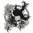 front of face of goddess Hel with half skull face tattoo design idea