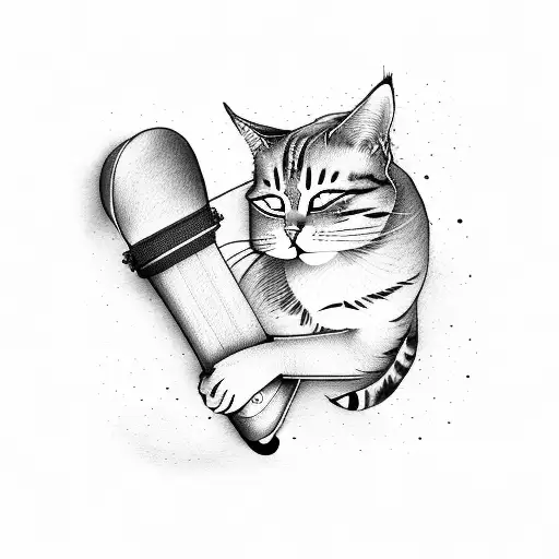 A woman with cat ears and a tail, playing a guitar while surrounded by sleeping cats tattoo design idea