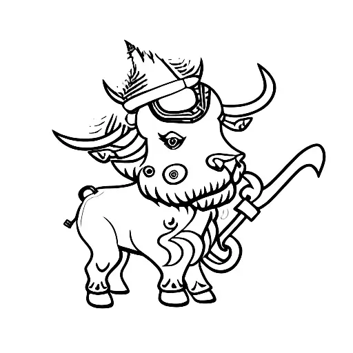 small cute buffalo with a scythe tattoo design idea