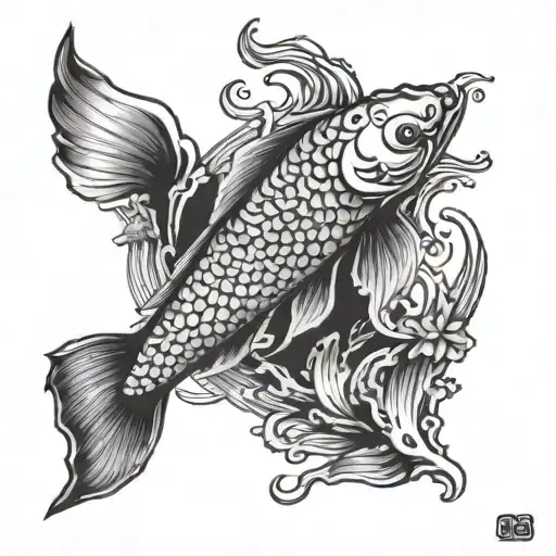 pez koi nadando en contracorriente de un rio empedrado y evitando ser comido por osos tattoo design idea