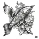 pez koi nadando en contracorriente de un rio empedrado y evitando ser comido por osos tattoo design idea