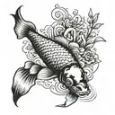 pez koi nadando en contracorriente de un rio empedrado y evitando ser comido por osos tattoo design idea