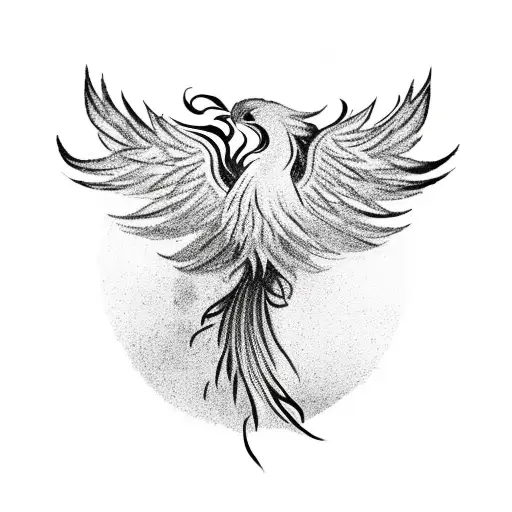 a phoenix with a black body with tips of feathers on fire coming out of a burning book with the phoenix surro tattoo design idea
