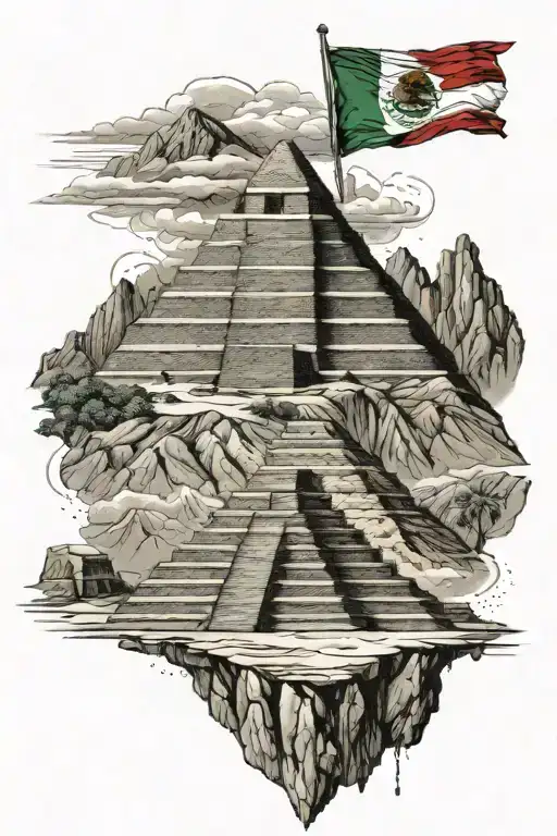 Mexican pyramids, Mexican flag, Mexican terrain with mountains, Mexican culture tattoo design idea