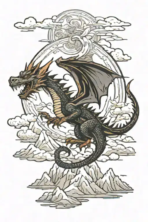 dragon flying over mountains tattoo design idea