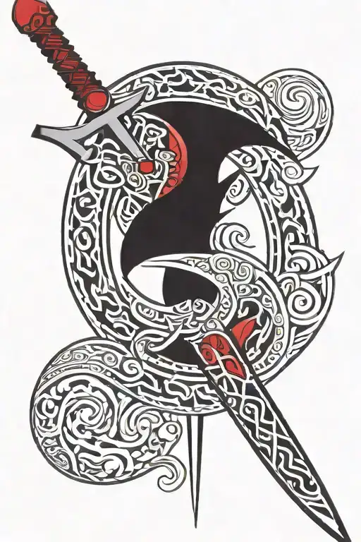 long sword with tapered edges and a red ruby in the centre of the hilt facing down  tattoo design idea