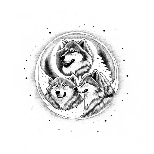 2 wolfs one following the sun and the other following the moon. waves as background  tattoo design idea