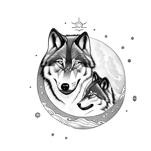 2 wolfs one following the sun and the other following the moon. waves as background  tattoo design idea