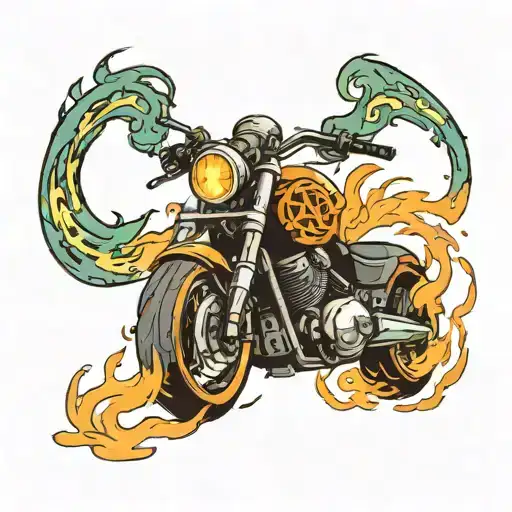 A fierce motorcycle riding through flames with a Nordic rune symbol embedded in the design tattoo design idea