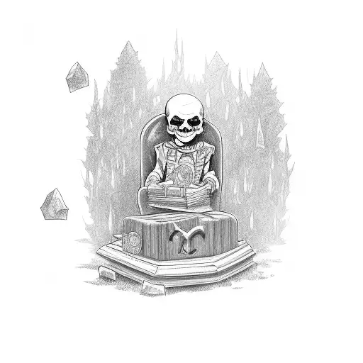 a child sitting in a coffin reading goosebumps books comics lying around, in the foreground gravestones in the backgroun tattoo design idea