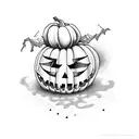 pumpkin patch but all the pumpkins are heads of 80s horror characters tattoo design idea